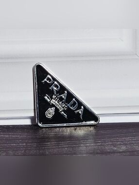 Prada Triangle Logo Emblem Authentic Replacement Hardware Silver Black Repair